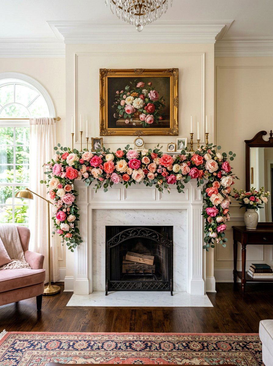 Peony Garland - 25 Spring Mantel Garland Ideas
