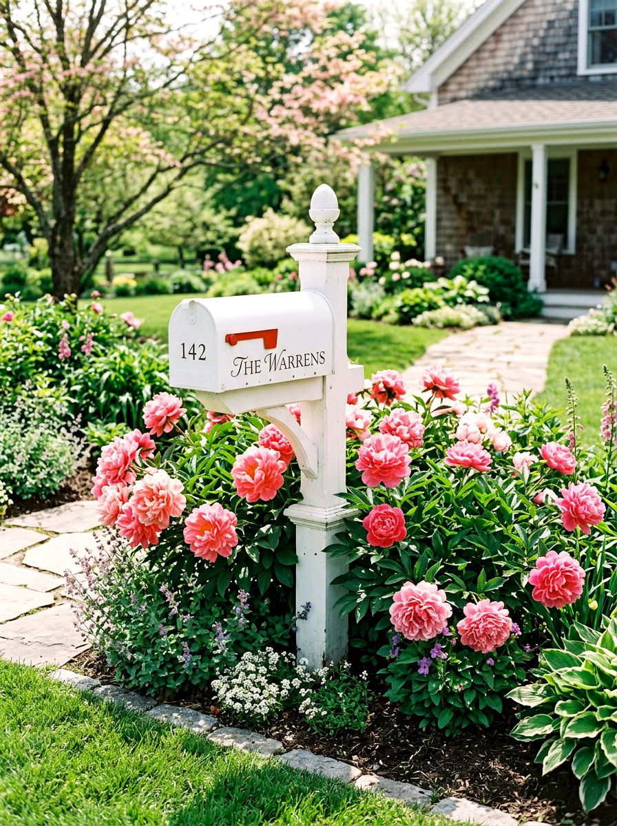 Peony Mailbox Garden - 25 Spring Mailbox Post Decor Ideas