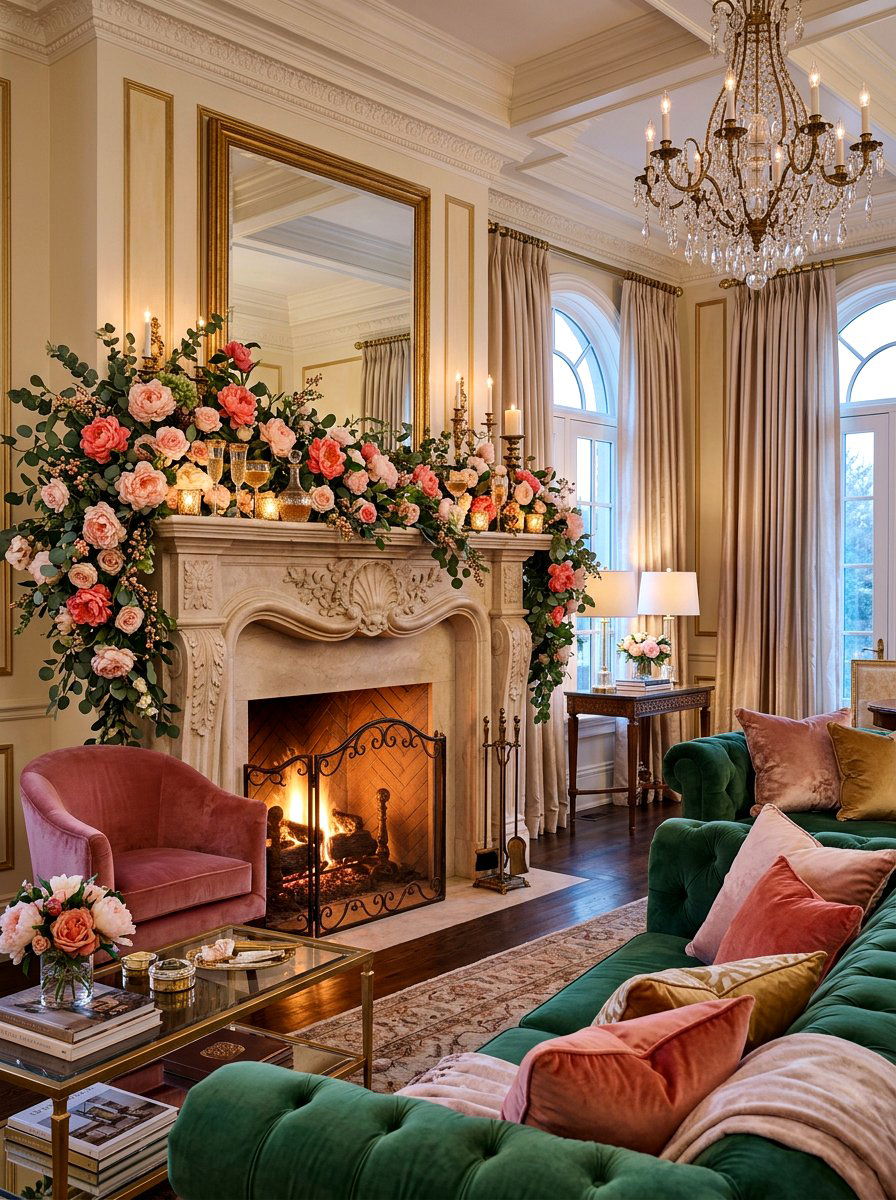 Peony Mantel - 25 Spring Garland Ideas for Mantel