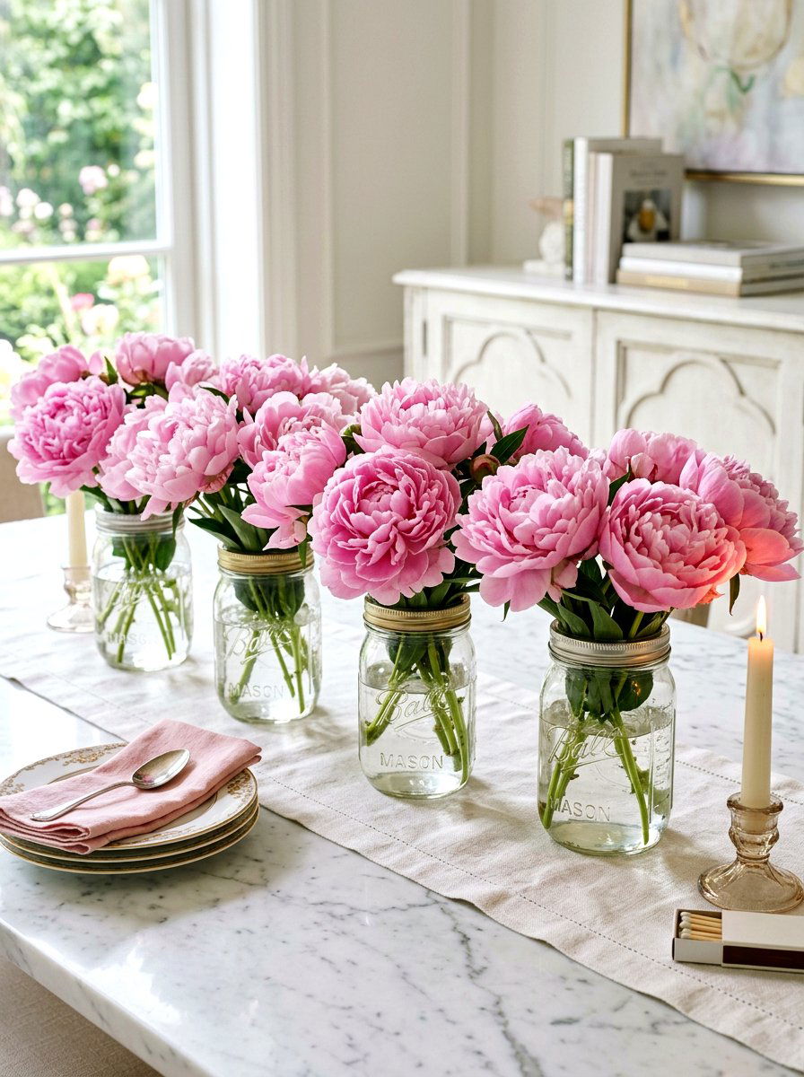 Peony Mason Jar Display - 25 Spring Mason Jar Centerpiece Ideas