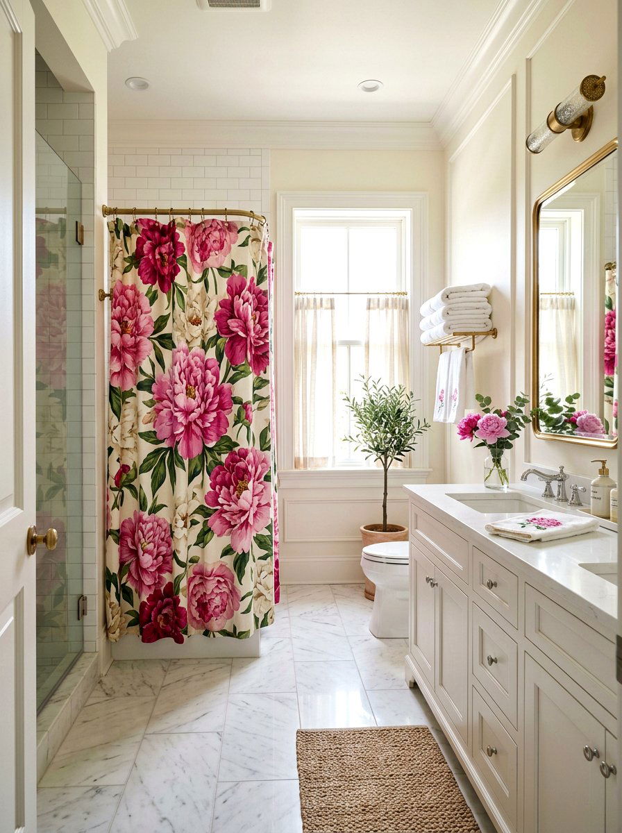 Peony Pattern Bathroom - 25 Spring Shower Curtain Ideas