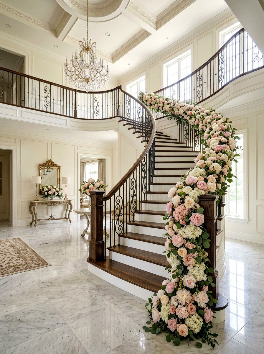 Peony and hydrangea railing garland - 25 Spring Staircase Decor Ideas