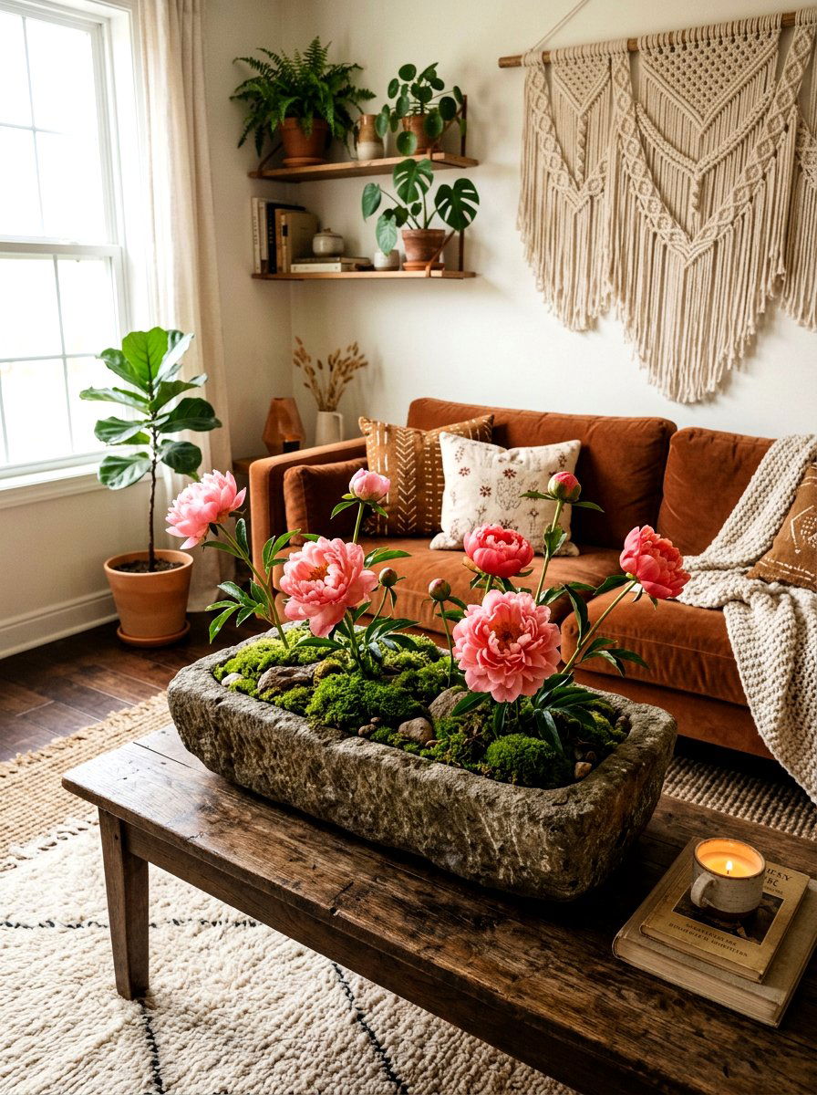 Peony and moss garden display - 25 Spring Peony Centerpiece Ideas