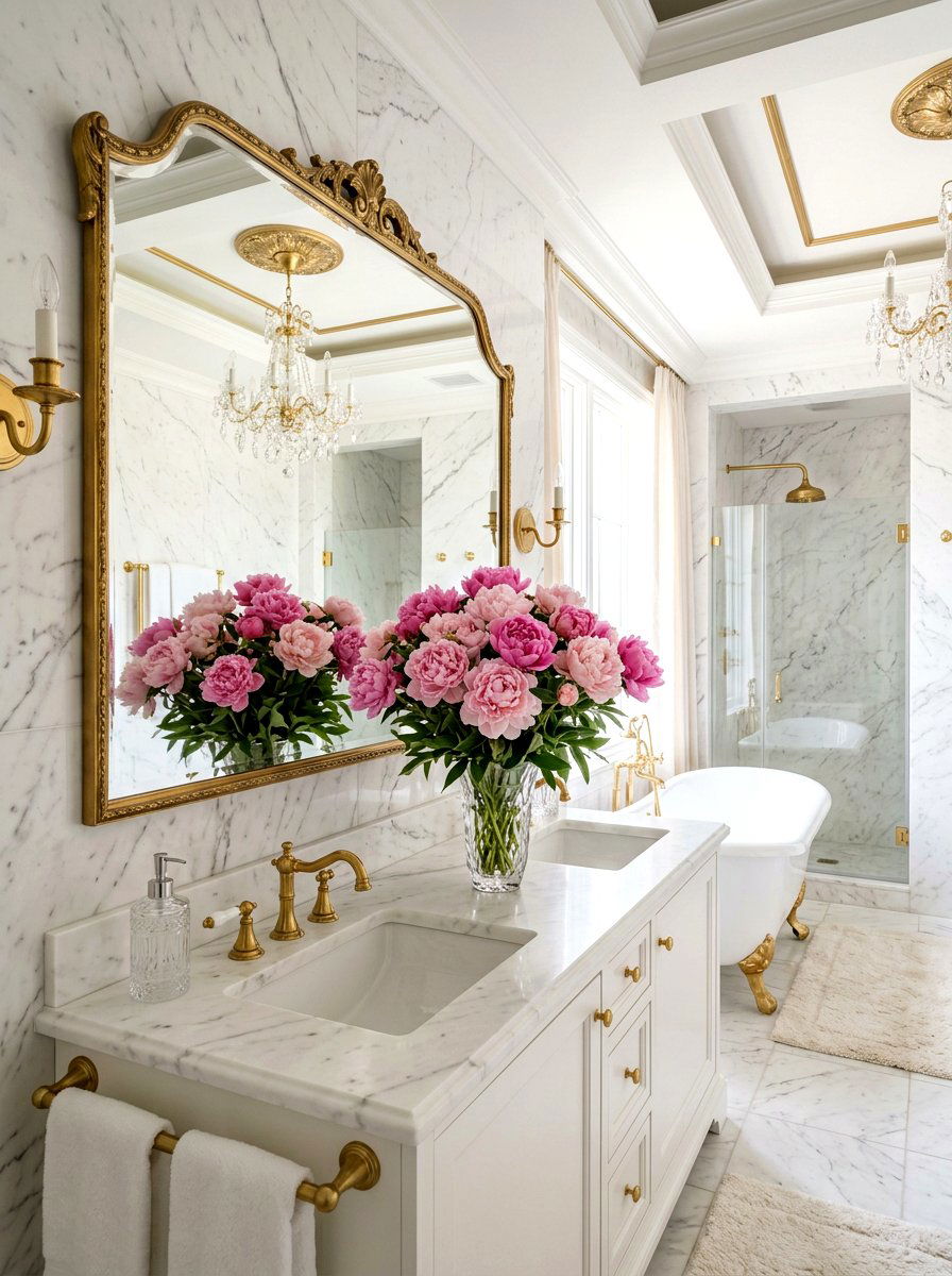 Peony bouquet for vanity - 25 Spring Bathroom Mirror Decor Ideas