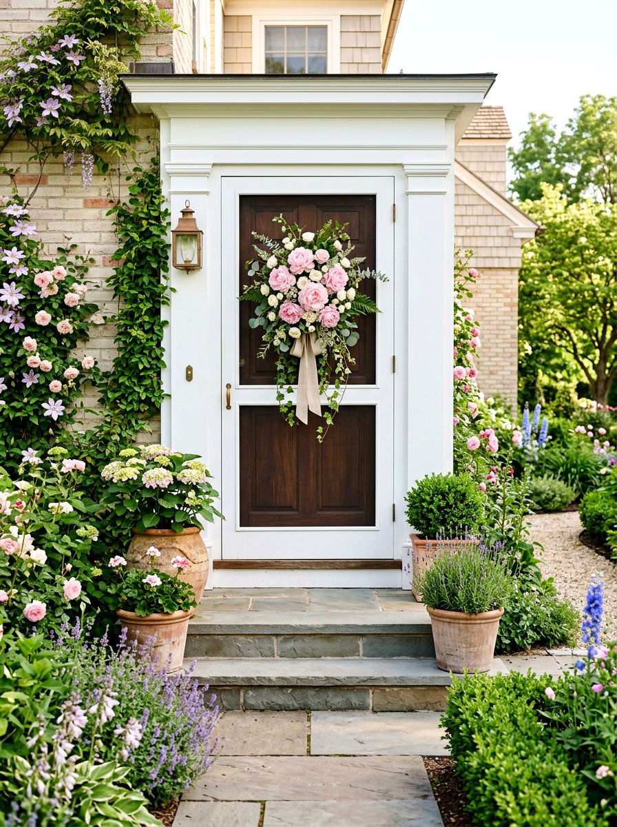 Peony door swag - 25 Spring Screen Door Decor Ideas