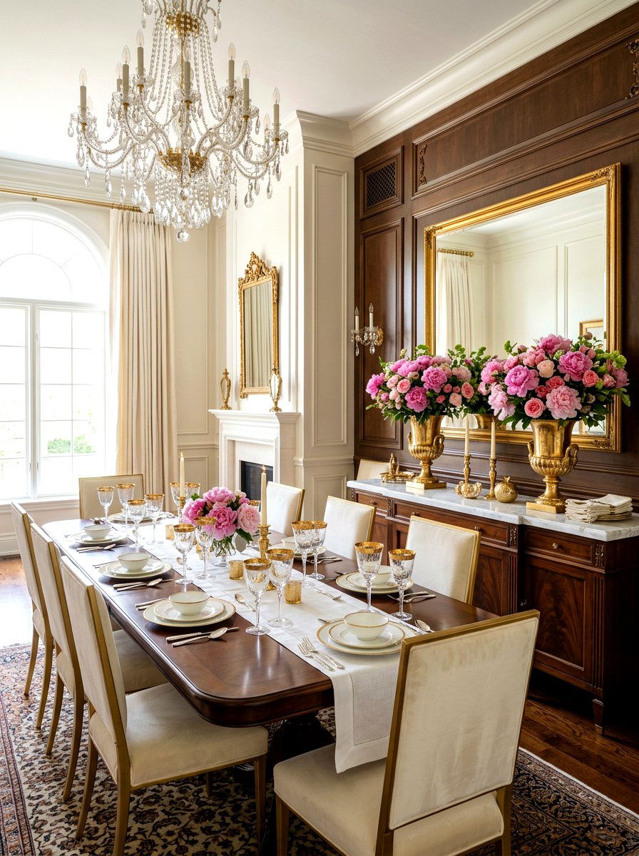 Peony floral and gold accents - 25 Spring Dining Room Buffet Ideas