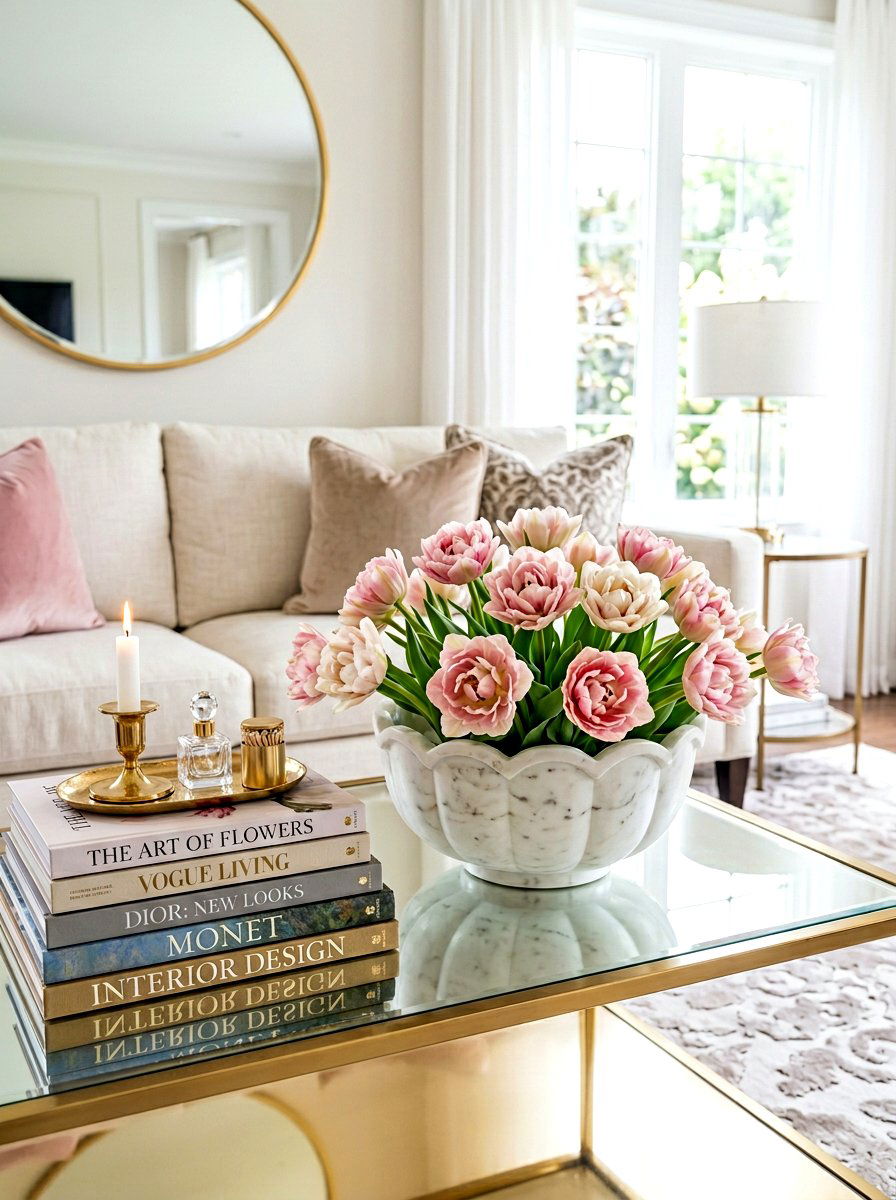 Peony tulips in scalloped marble bowl - 25 Spring Tulip Bulb Vase Ideas