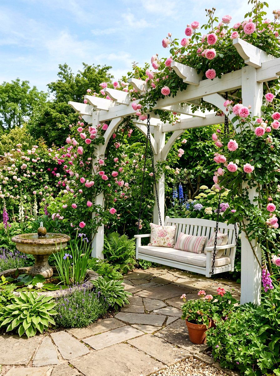 Pergola Swing Climbing Roses - 25 Spring Garden Swing Decor Ideas