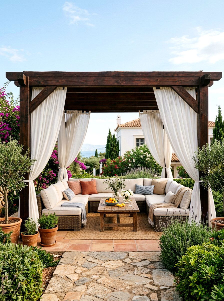 Pergola With Curtains - 25 Spring Patio Decor Ideas