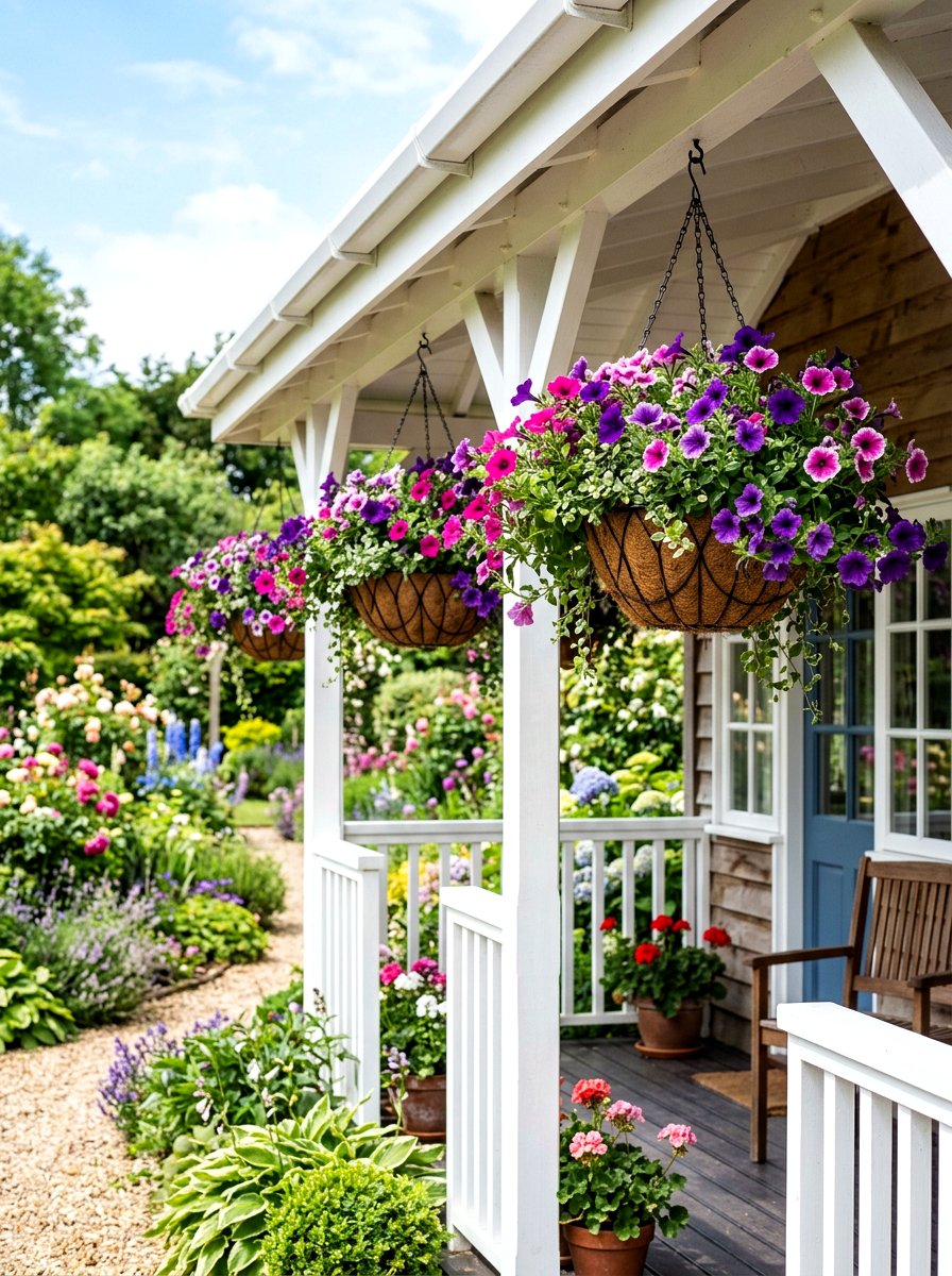 Petunia hanging baskets - 25 Spring Porch Flower Pot Ideas