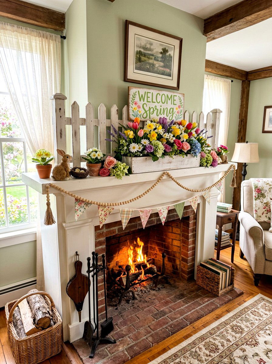 Picket Fence Mantel Sign - 25 Spring Mantel Vignette Ideas