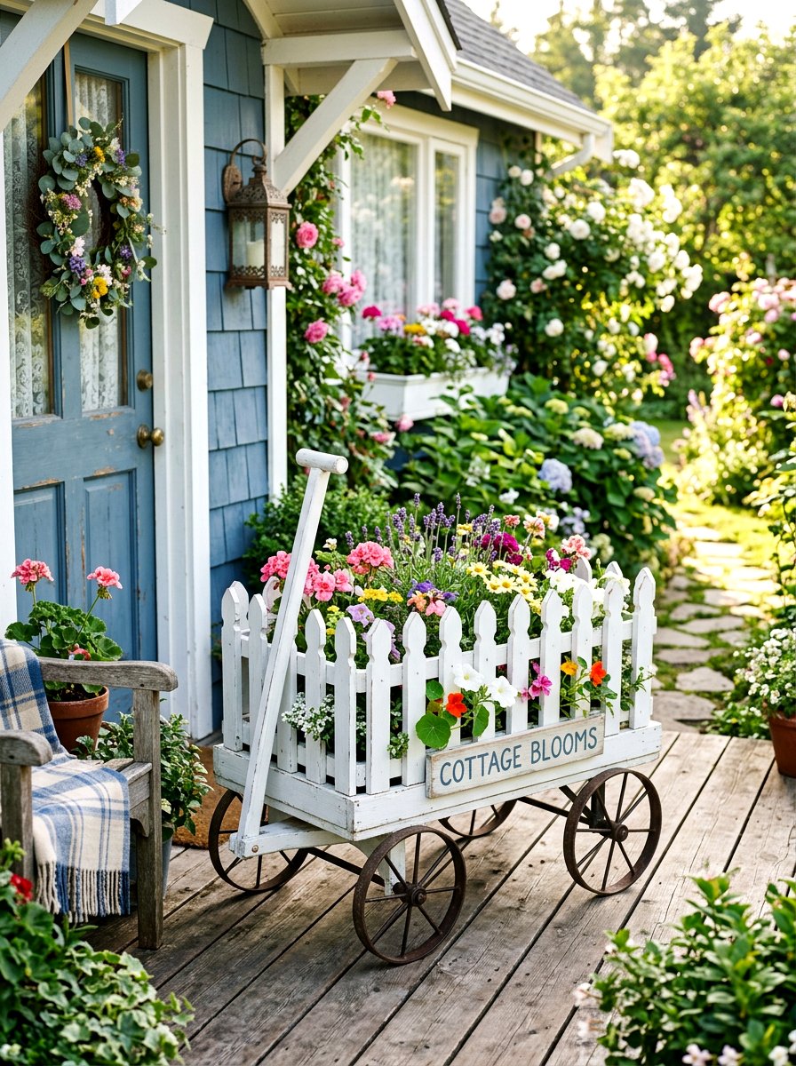 Picket Fence Wagon - 25 Spring Porch Wagon Decor Ideas