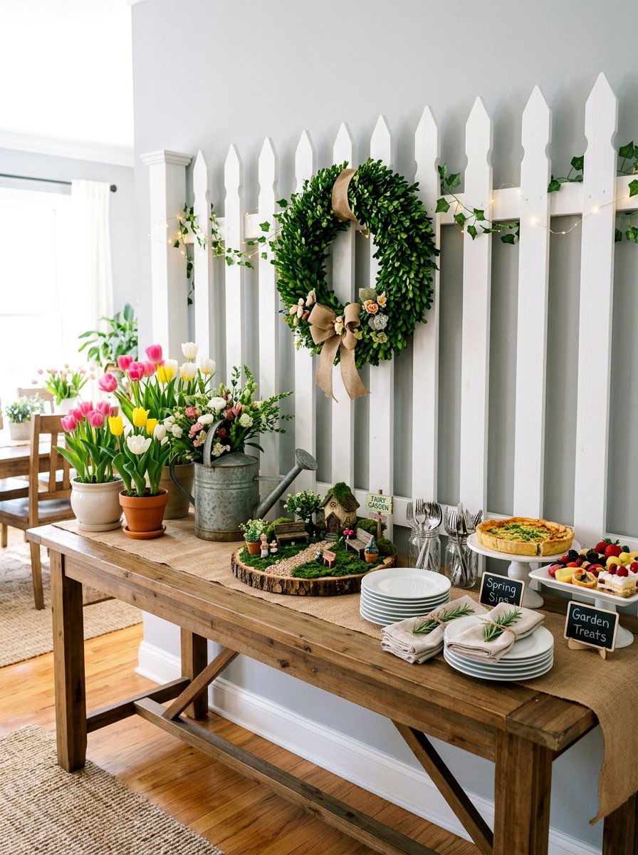 Picket fence backdrop decor - 25 Spring Dining Room Buffet Ideas