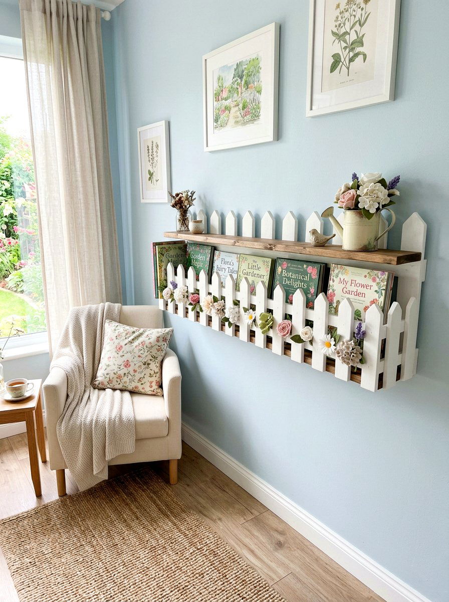 Picket fence book ledge - 25 Spring Bookshelf Ideas for Kids