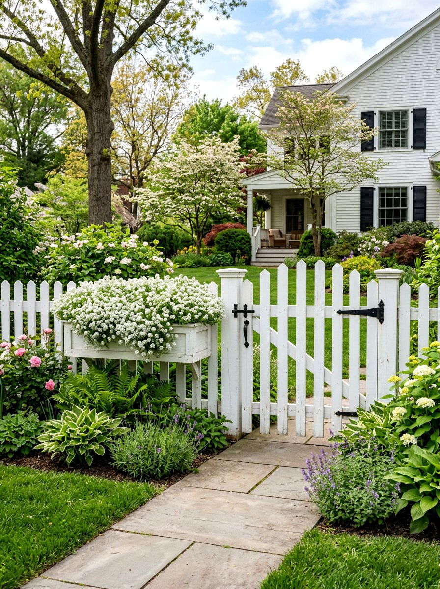 Picket fence gate planter - 25 Spring Garden Gate Decor Ideas