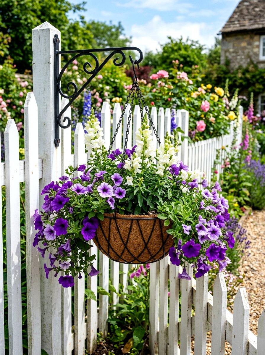 Picket fence hanging basket - 25 Spring Picket Fence Decor Ideas