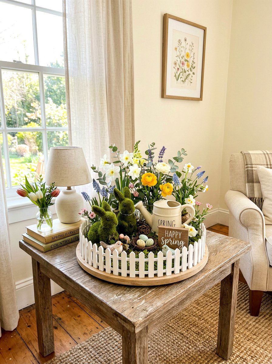 Picket fence spring tray backdrop - 25 Spring Farmhouse Tiered Tray Ideas