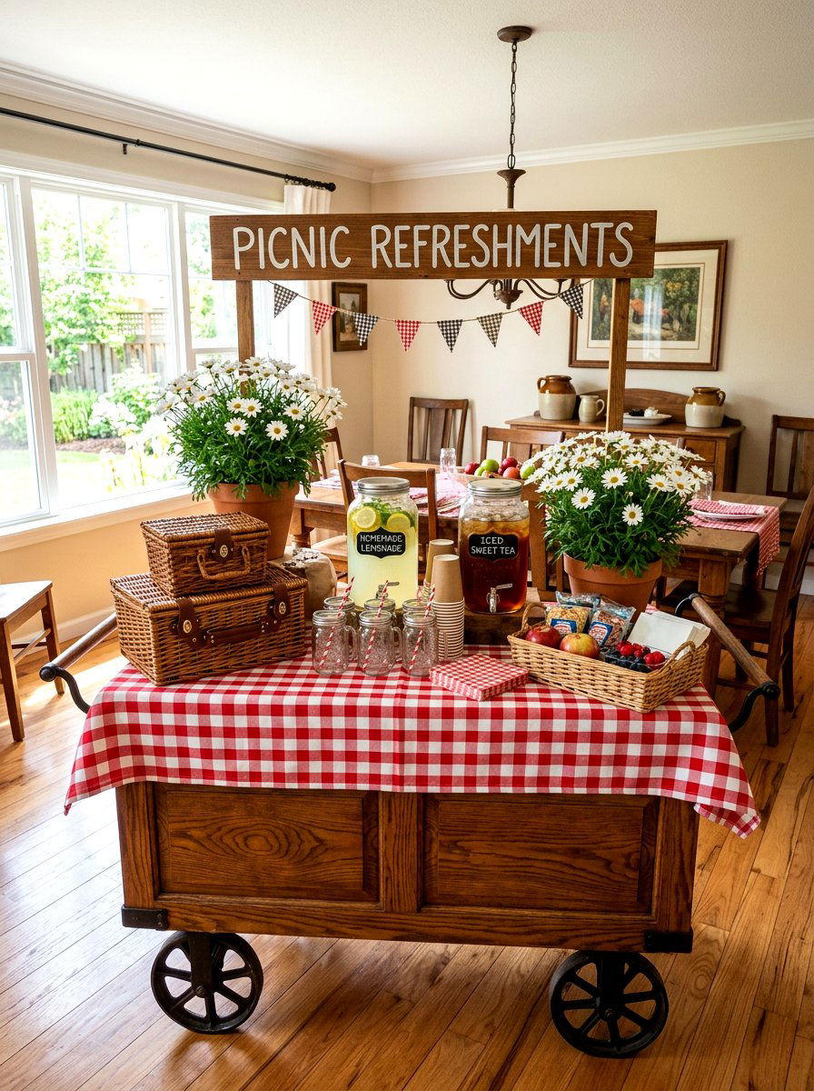 Picnic Style Refreshment Station - 25 Spring Bar Cart Decor Ideas