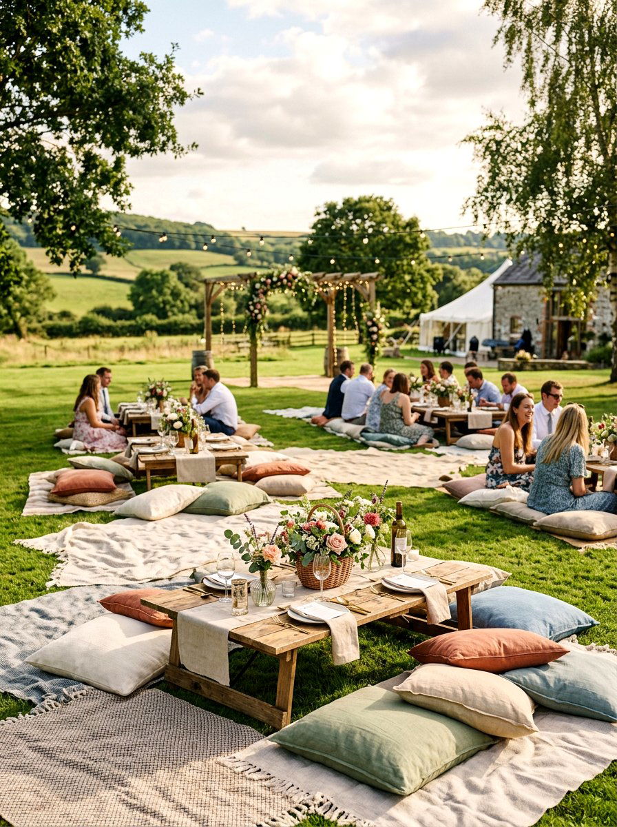 Picnic Style Wedding Seating - 25 Spring Wedding Decor Ideas