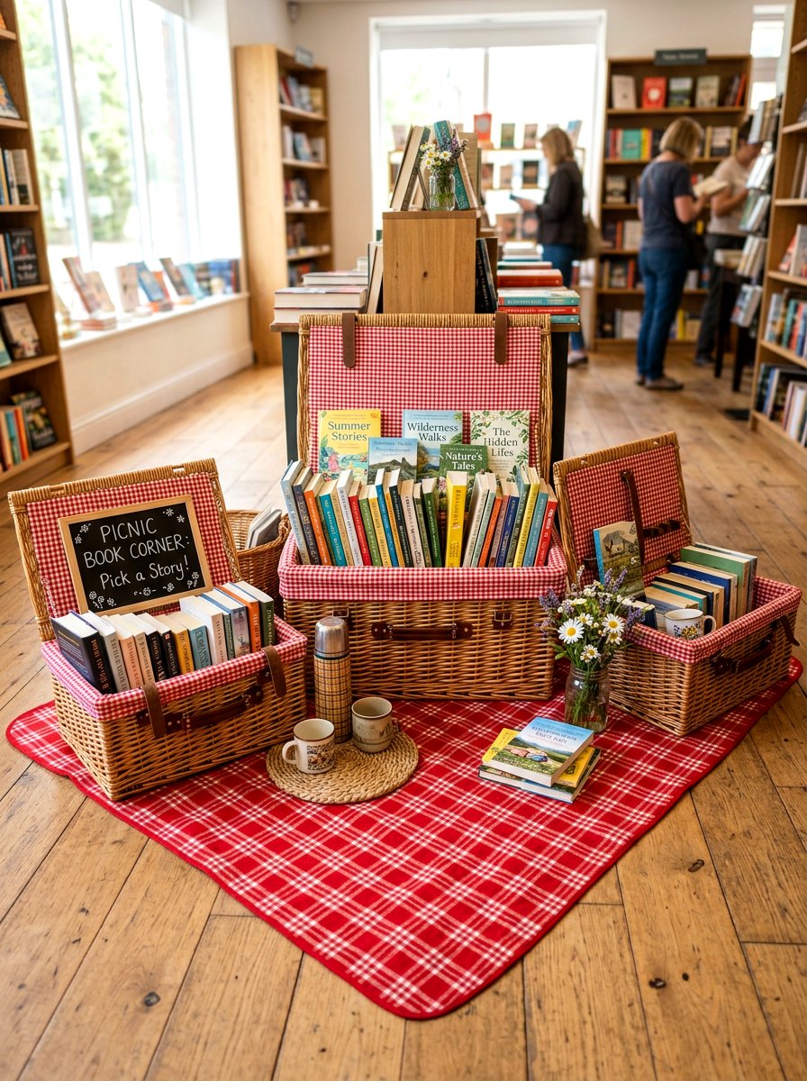 Picnic basket book display - 25 Spring Bookshelf Ideas for Kids