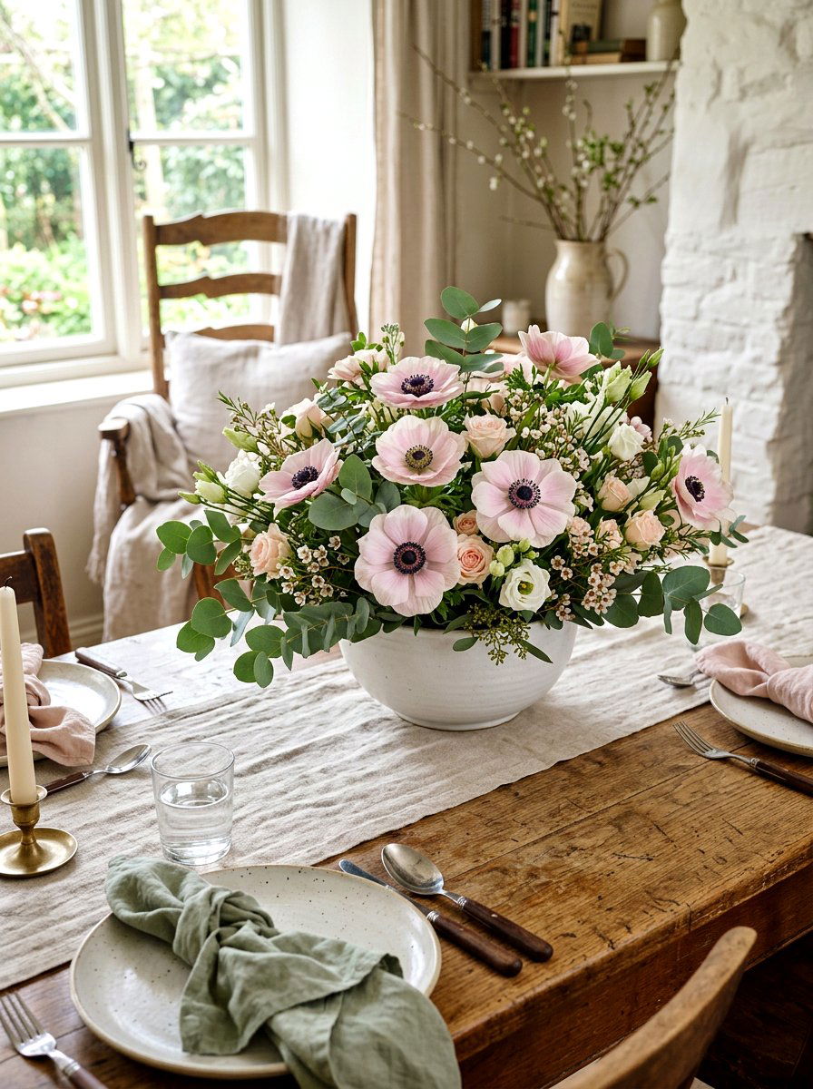 Pink Anemone Eucalyptus Centerpiece - 25 Spring Anemone Arrangement Ideas
