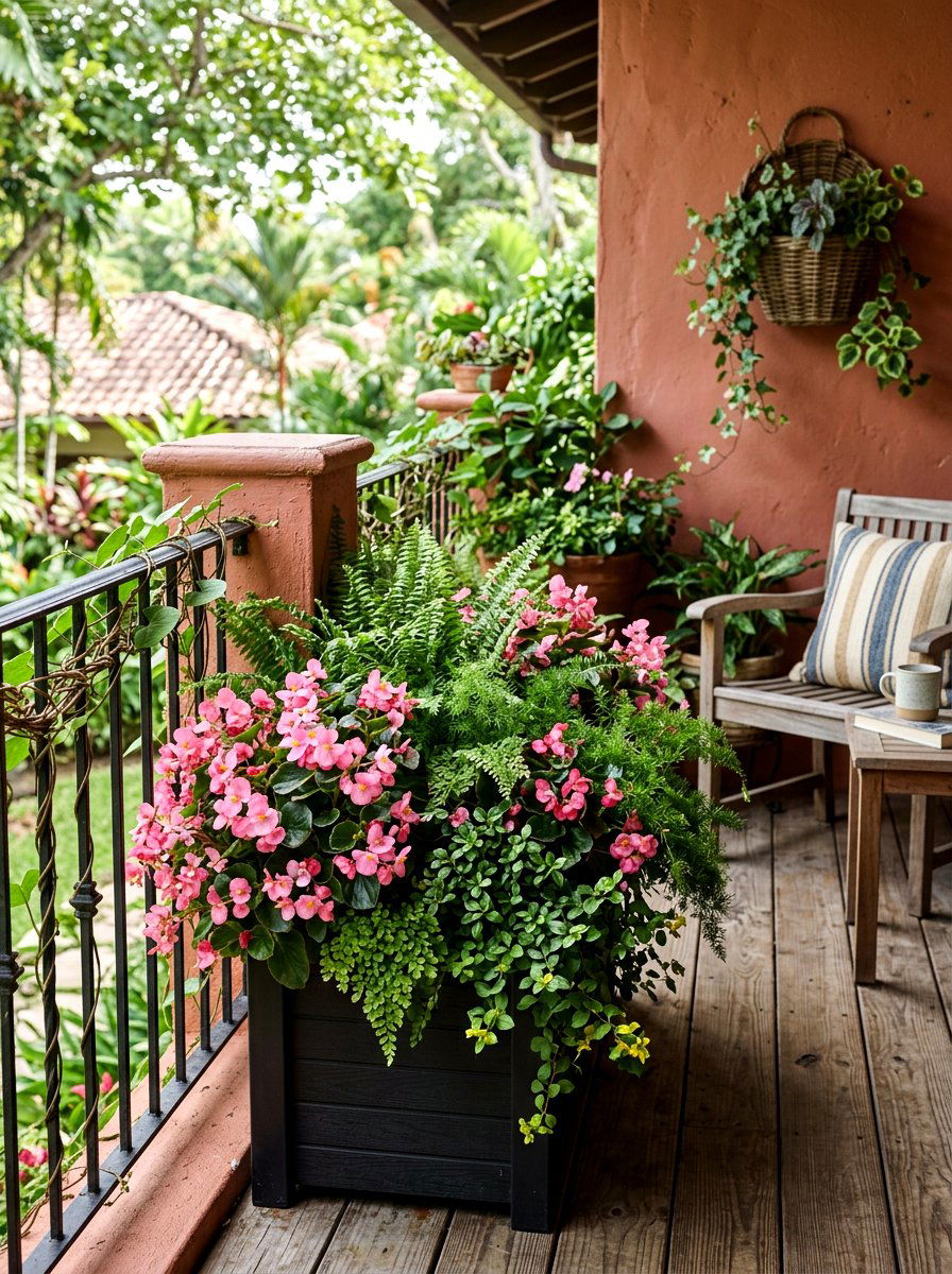 Pink Begonias And Ferns - 25 Spring Balcony Flower Box Ideas