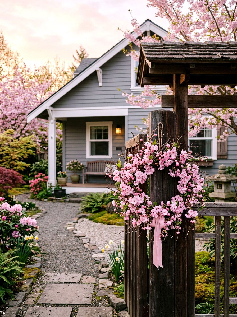 Pink Cherry Blossom Wreath - 25 Spring Floral Wreath Ideas