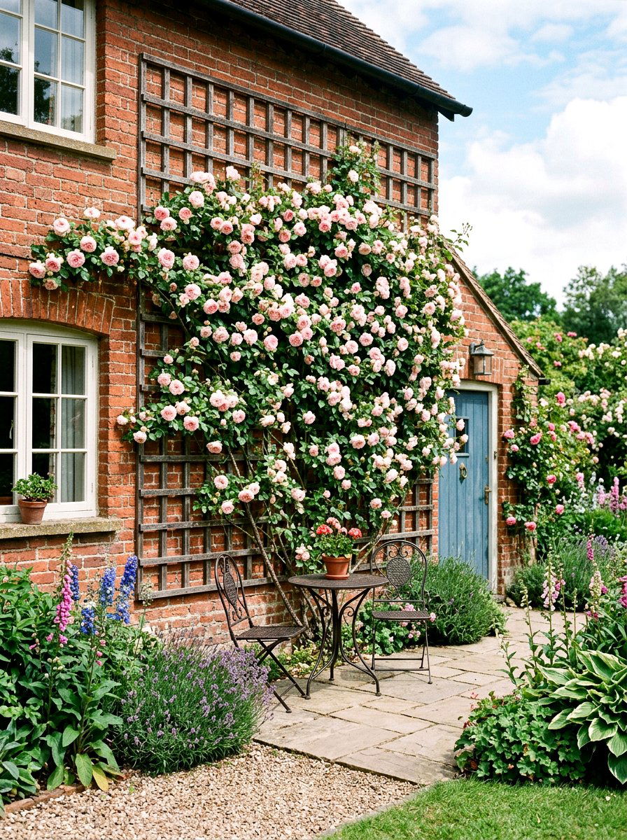 Pink Climbing Roses On Brick Wall - 25 Spring Rose Garden Ideas