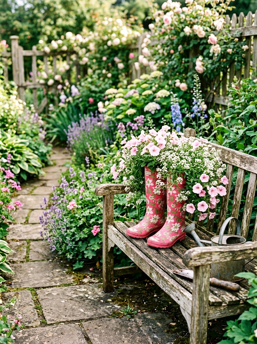 Pink Floral Boot Garden - 25 Spring Boot Planter Ideas
