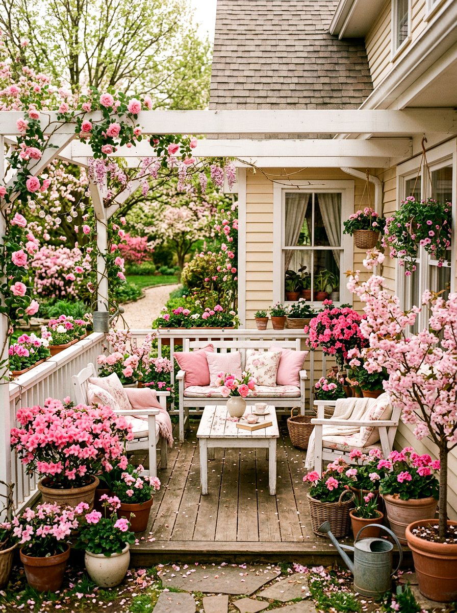Pink Floral Porch Aesthetic - 25 Porch Spring Decor Ideas