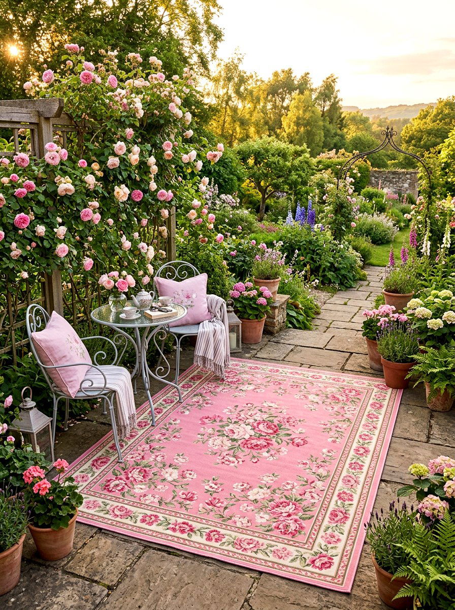 Pink Floral Terrace Rug - 25 Spring Outdoor Rug Ideas