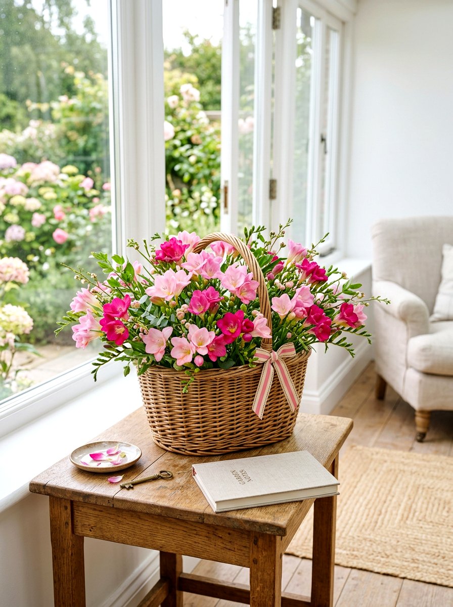 Pink Freesia Basket - 25 Spring Freesia Arrangement Ideas