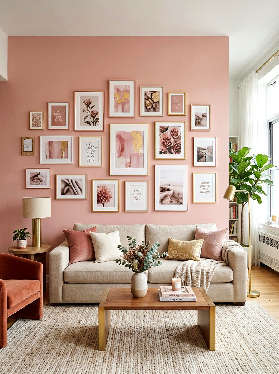 Pink Gallery Wall Living Space - 25 Spring Blush Pink Decor Ideas