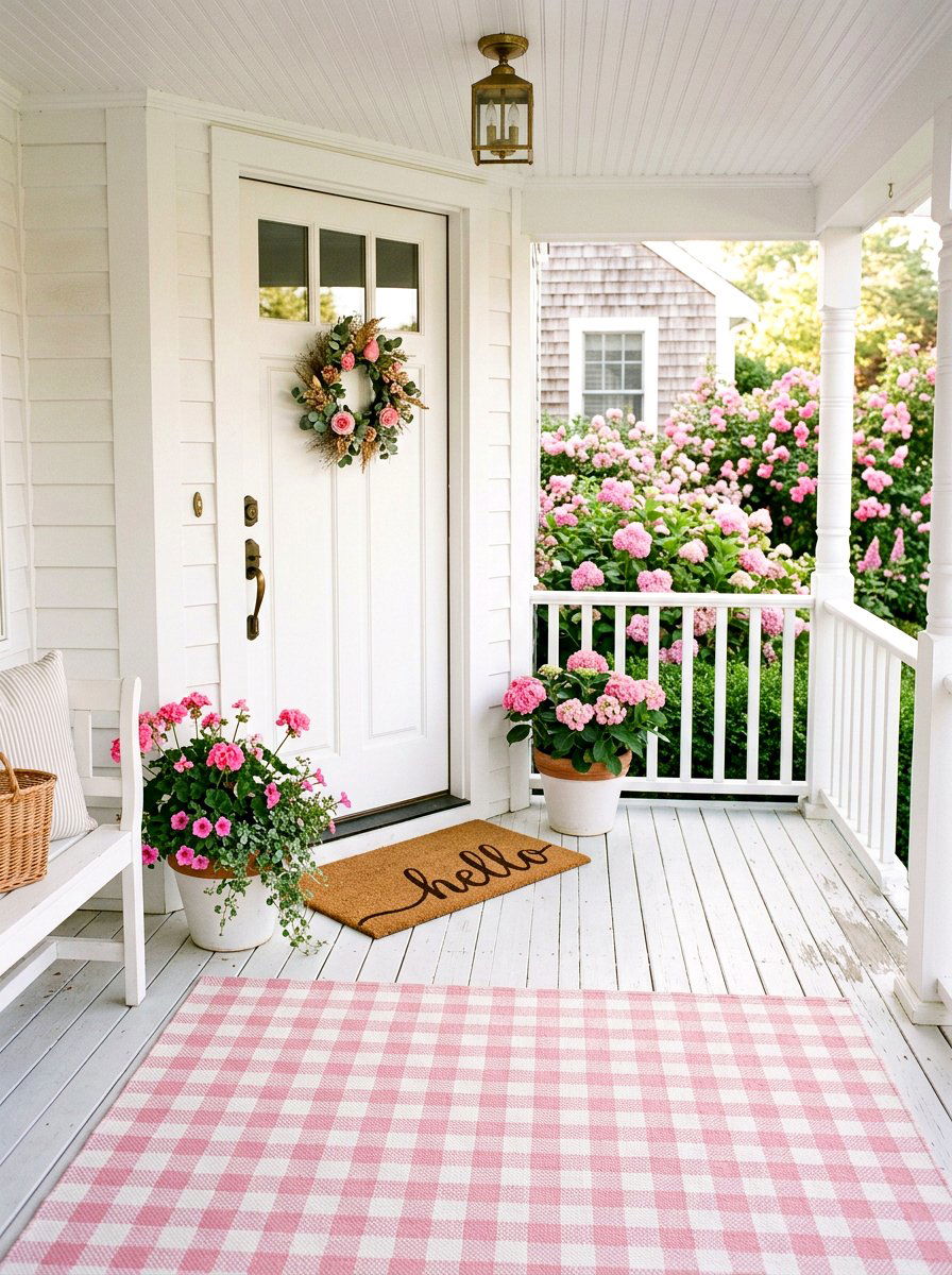 Pink Gingham Porch Rug - 25 Spring Doormat Layering Ideas
