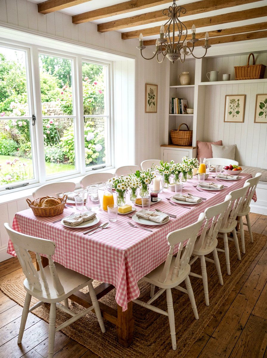Pink Gingham Tablecloth - 25 Spring Long Table Decor Ideas