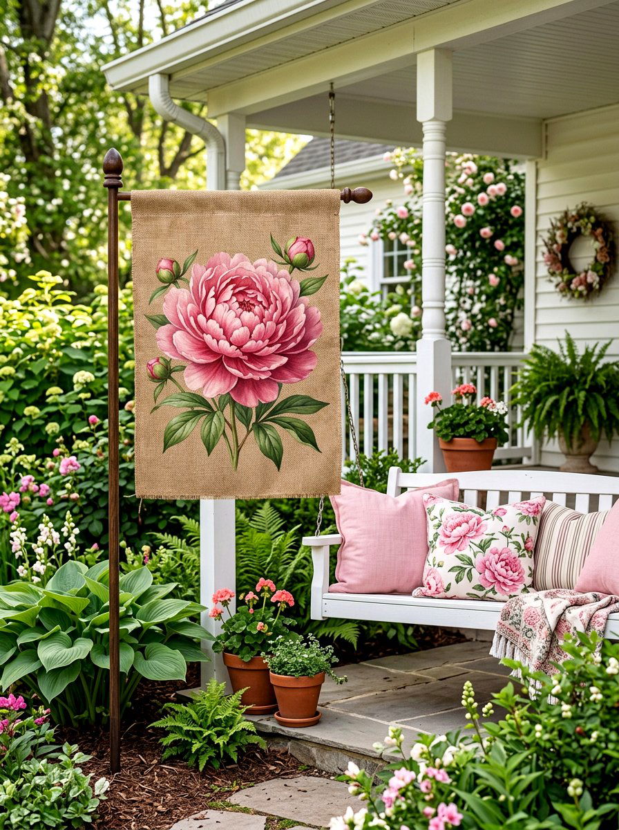 Pink Peony Burlap Flag - 25 Spring Yard Flag Ideas