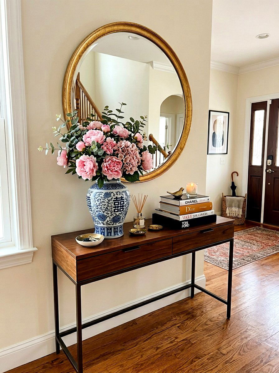 Pink Peony Entryway Console - 25 Spring Silk Flower Arrangement Ideas