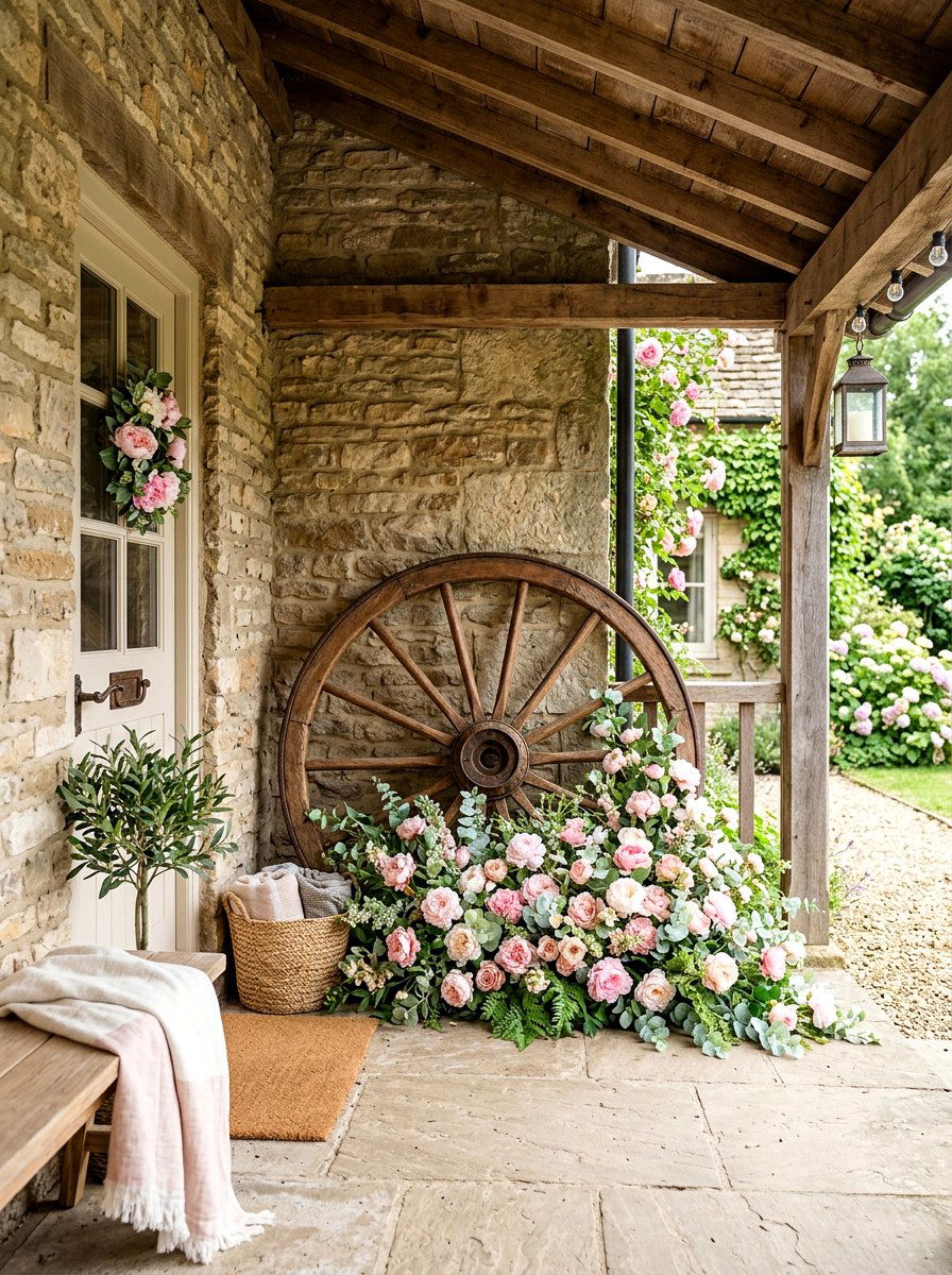 Pink Peony Wagon Wheel - 25 Spring Wagon Wheel Wreath Ideas