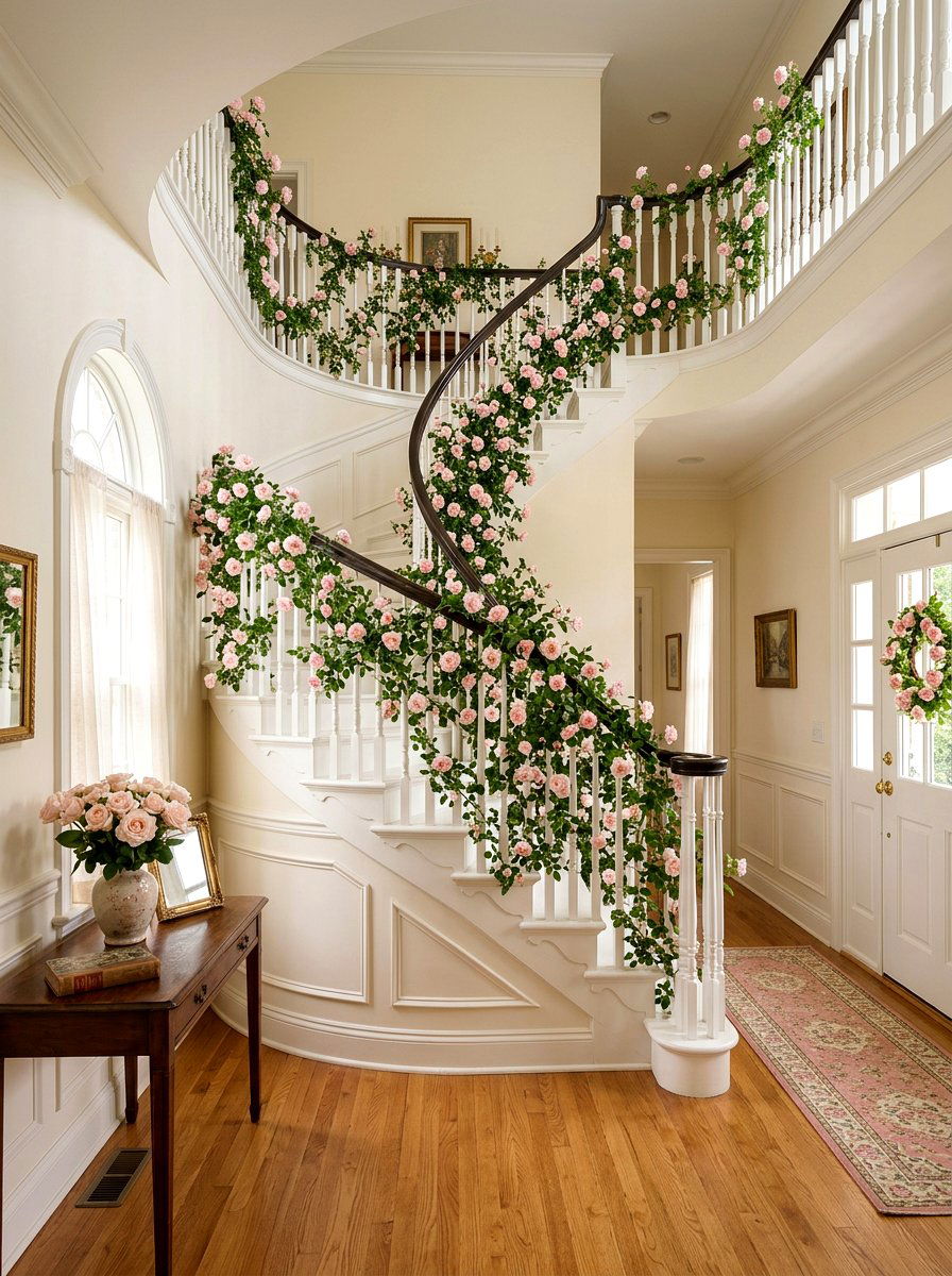 Pink Rose Vines - 25 Spring Stair Railing Decor Ideas
