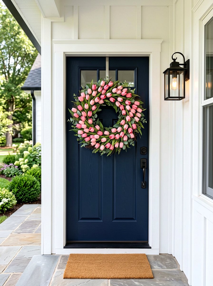 Pink Tulip Door Wreath - 25 Spring Outdoor Wreath Ideas