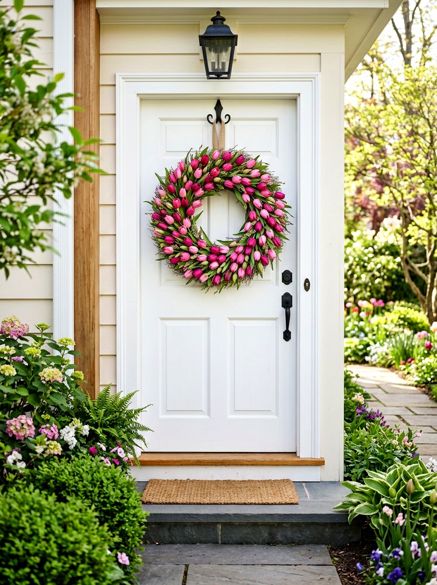 Pink Tulip Front Door Wreath - 25 Spring Fresh Floral Wreath Ideas