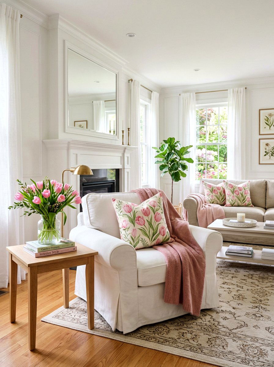 Pink Tulip Garden Pillow - 25 Spring Embroidered Pillow Ideas