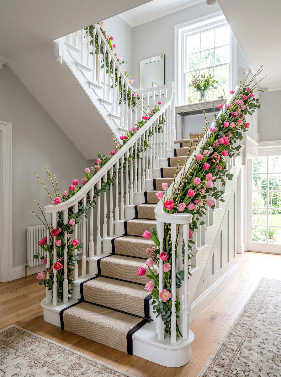 Pink Tulip Staircase Decor - 25 Spring Banister Garland Ideas