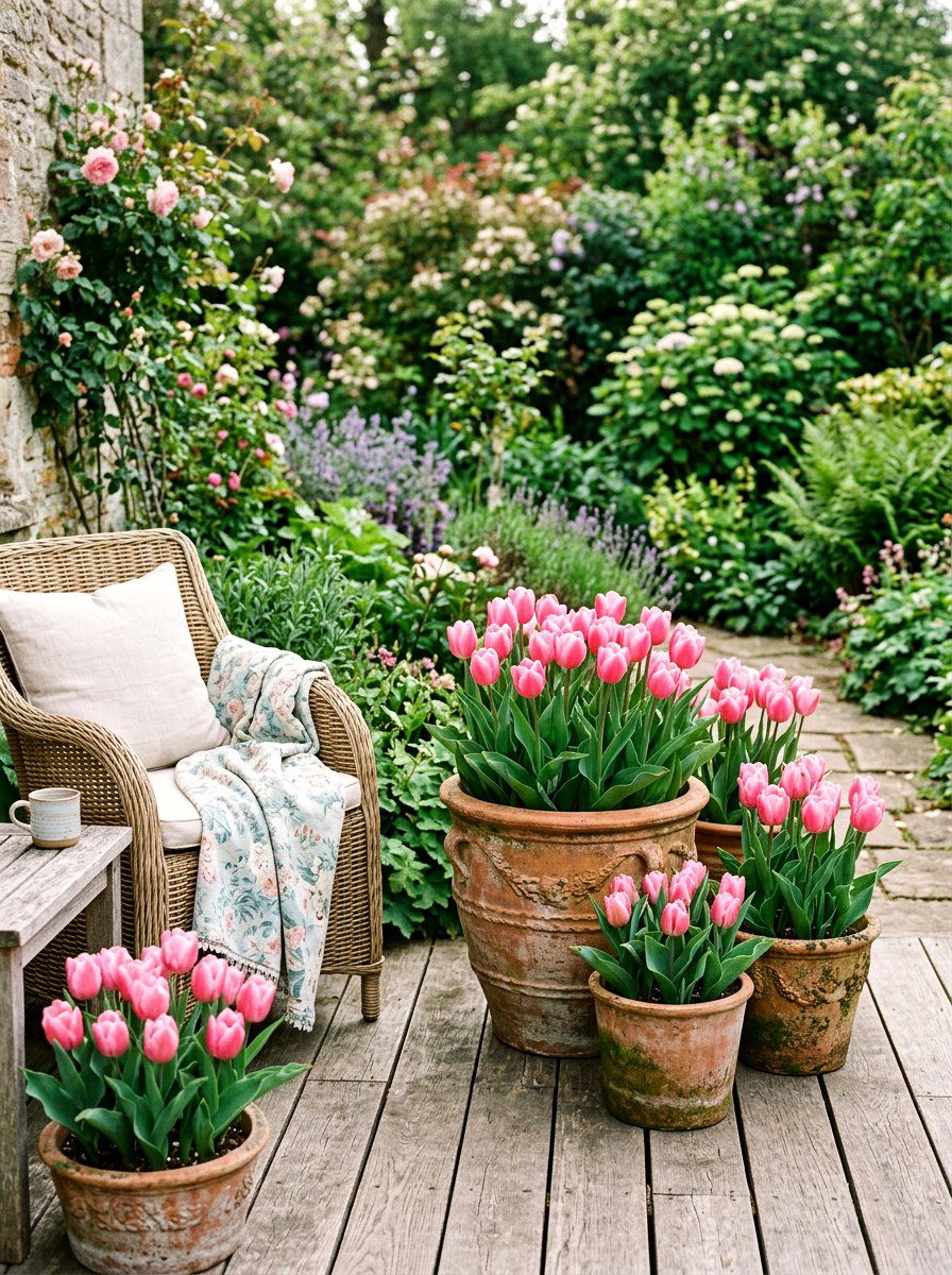 Pink Tulip Terracotta Pots - 25 Spring Patio Planter Arrangement Ideas