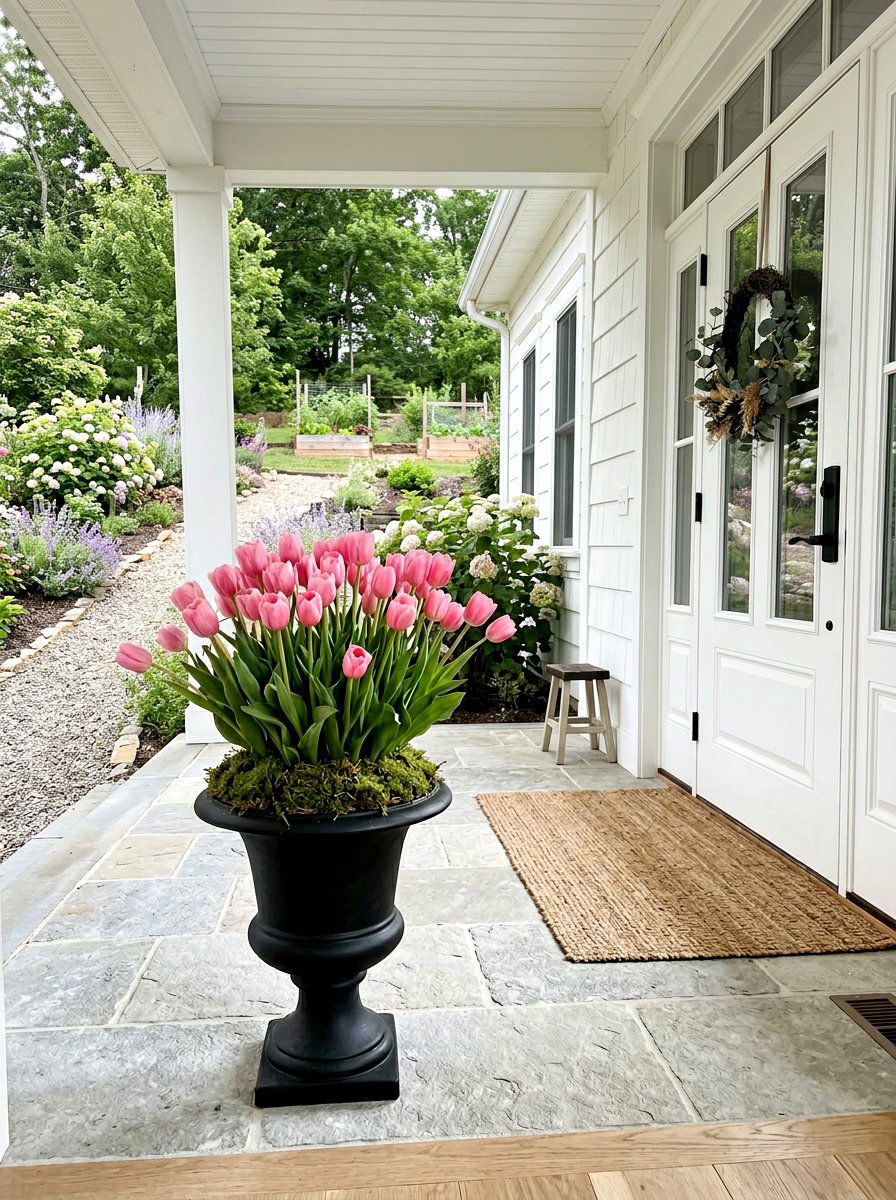 Pink Tulip Urn - 25 Spring Porch Urn Ideas