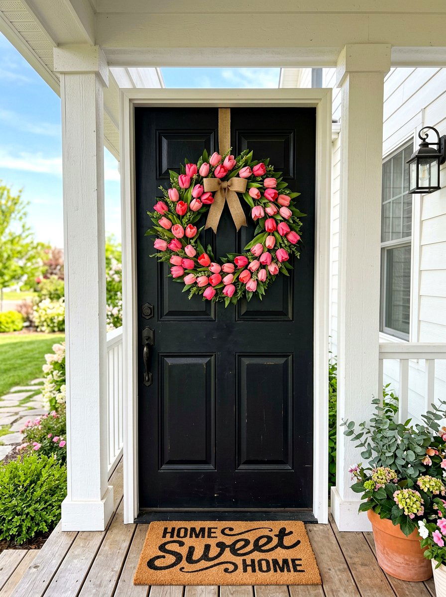 Pink Tulip Wreath - 25 Spring Front Door Decor Ideas