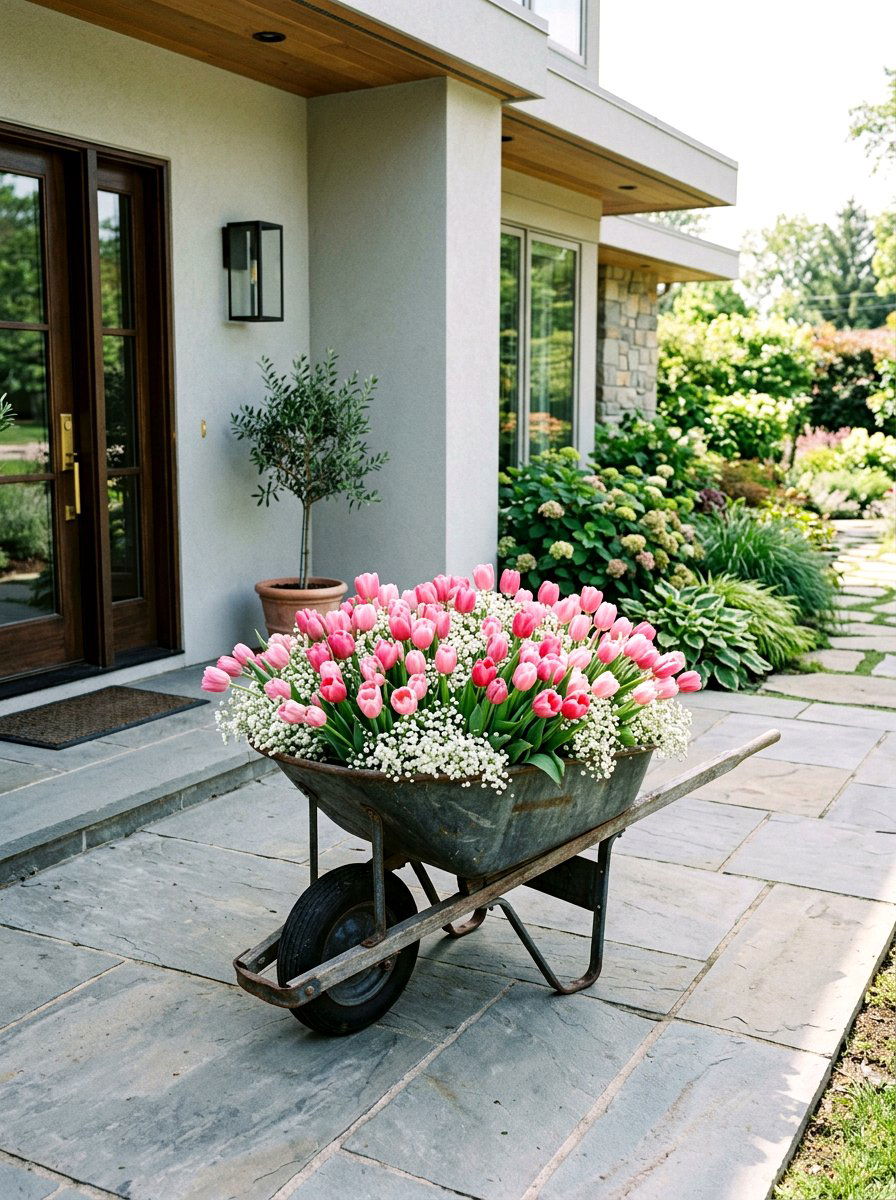 Pink Tulips In Metal Wheelbarrow - 25 Spring Wheelbarrow Decor Ideas