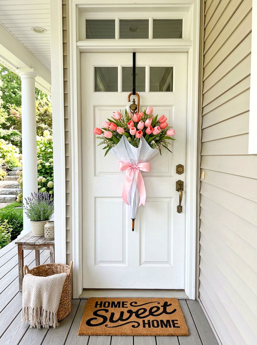 Pink Tulips In Umbrella - 25 Spring Umbrella Wreath Ideas