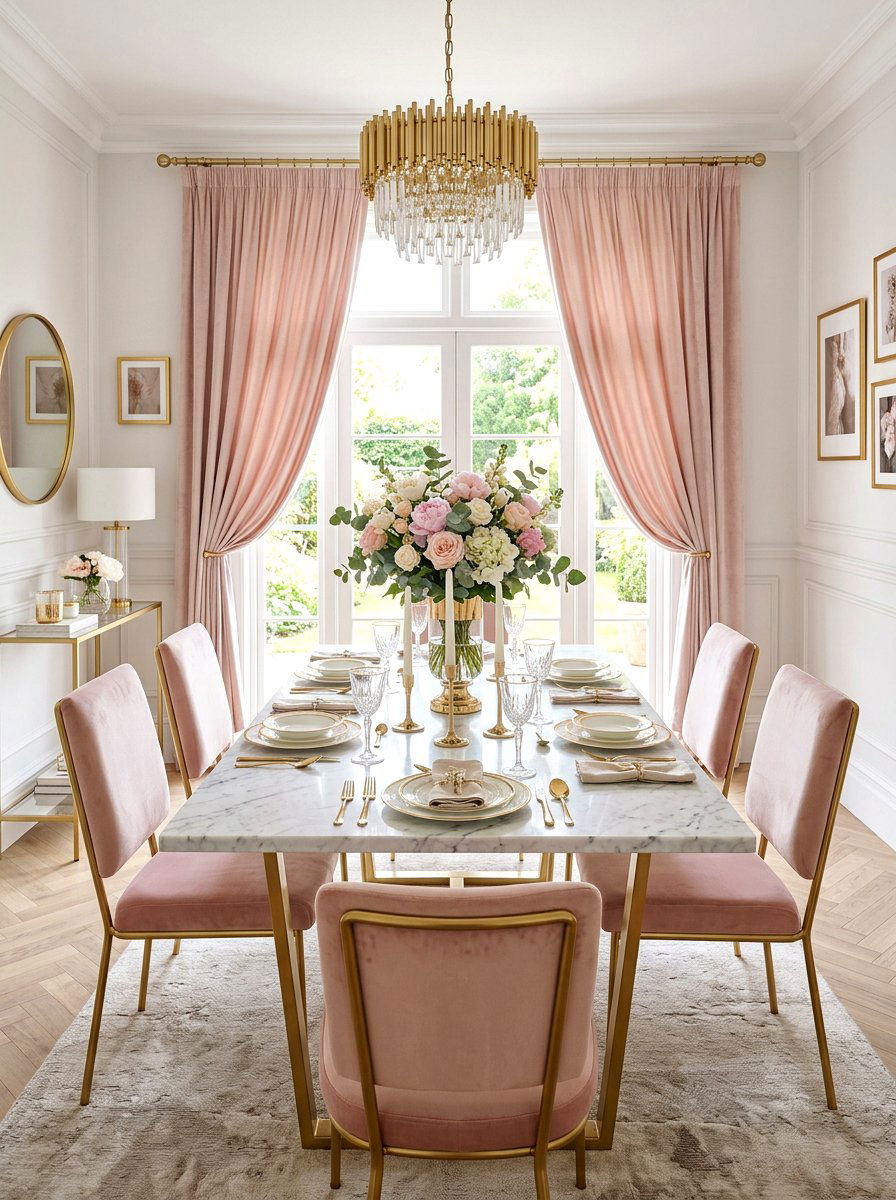 Pink Velvet Light Weight Curtain - 25 Spring Dining Room Curtain Ideas