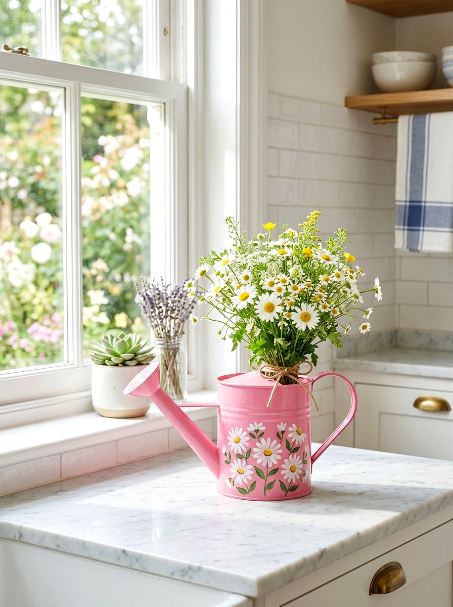 Pink Watering Can With White Daisies - 25 Spring Watering Can Decor Ideas